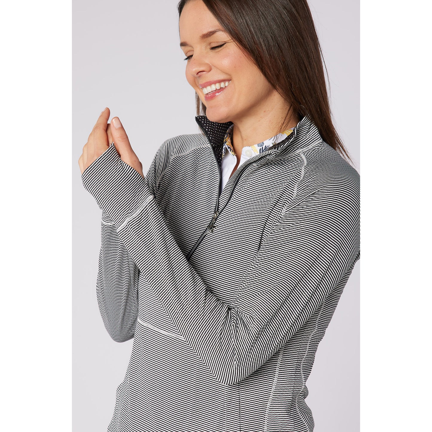Swing Out Sister Womens Fine Stripe Zip-Neck Top with Front Pocket Great for Range to Course Wear