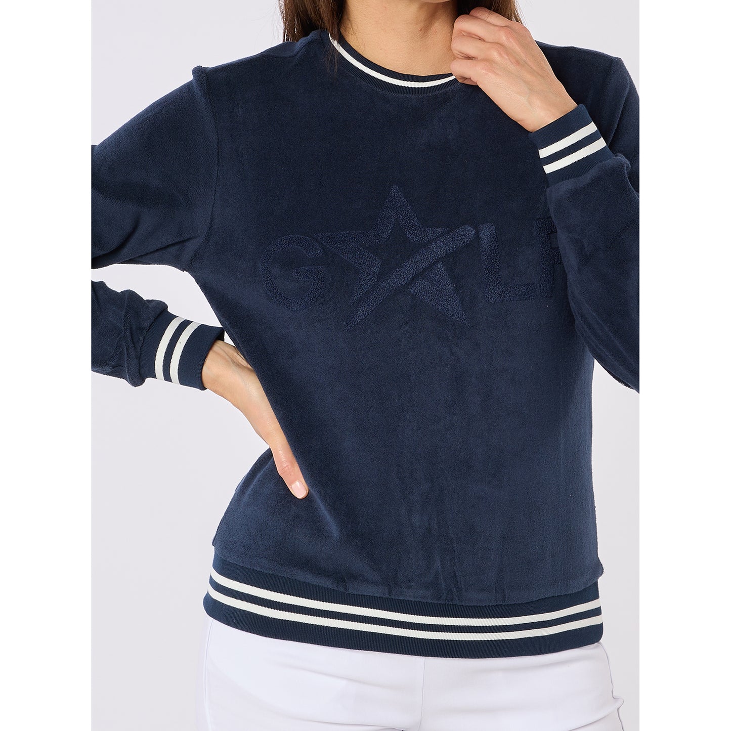 Swing Out Sister Ladies Fun Towelling Logo Sweater For Effortless Everyday Style in Navy