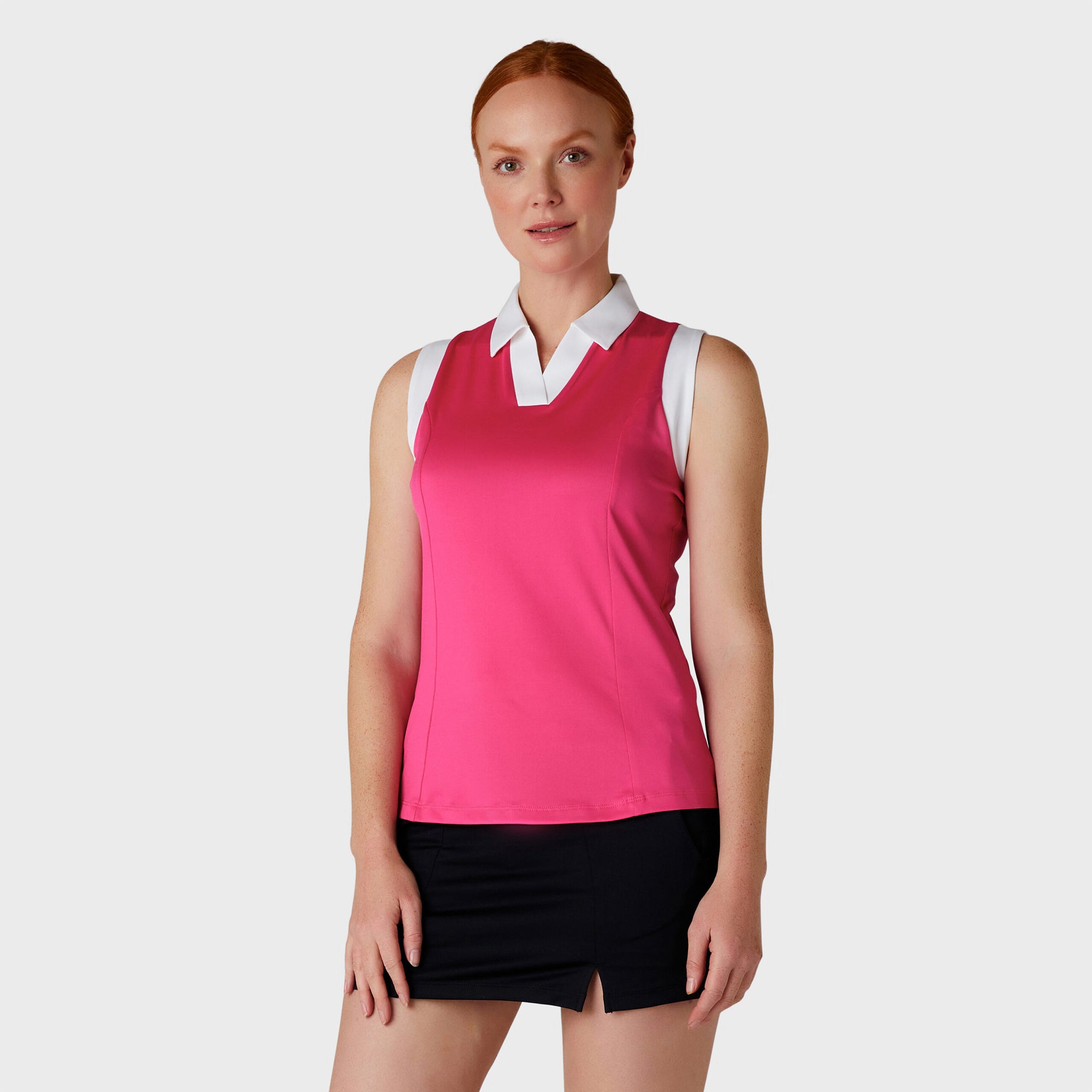 Callaway Ladies Sleeveless Colour Block Polo Shirt in Pink Peacock