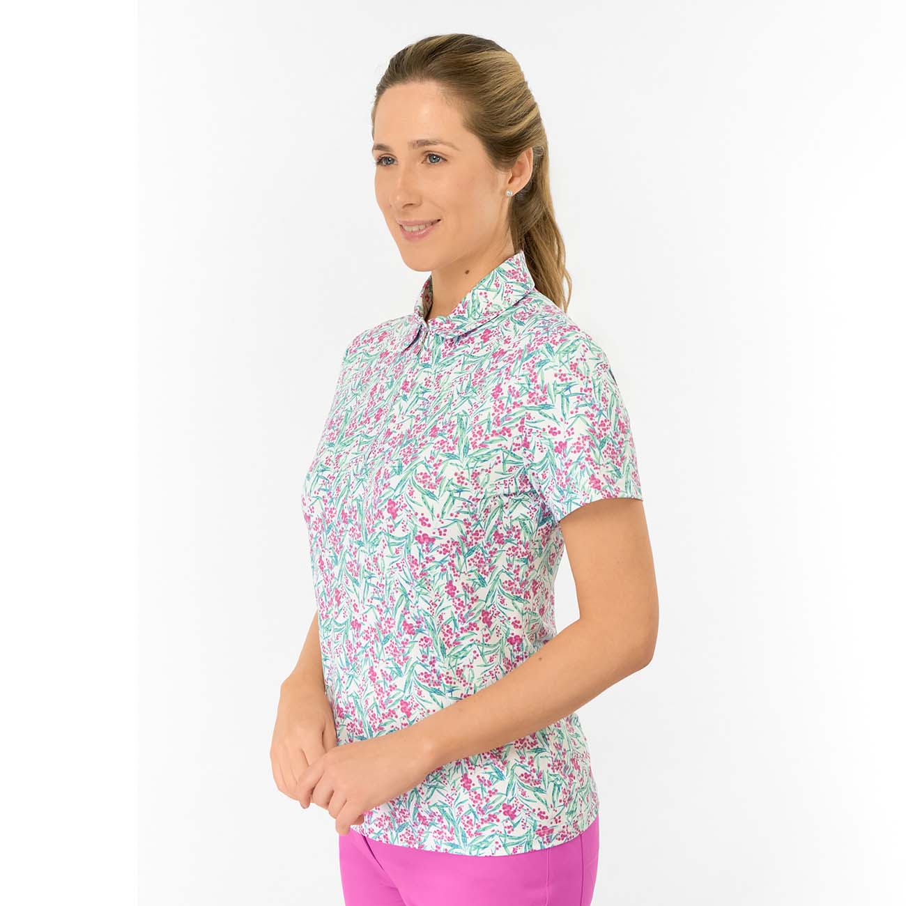 Pure Golf Ladies Short Sleeve Polo in Botanical Print for Vibrant, Feminine Style