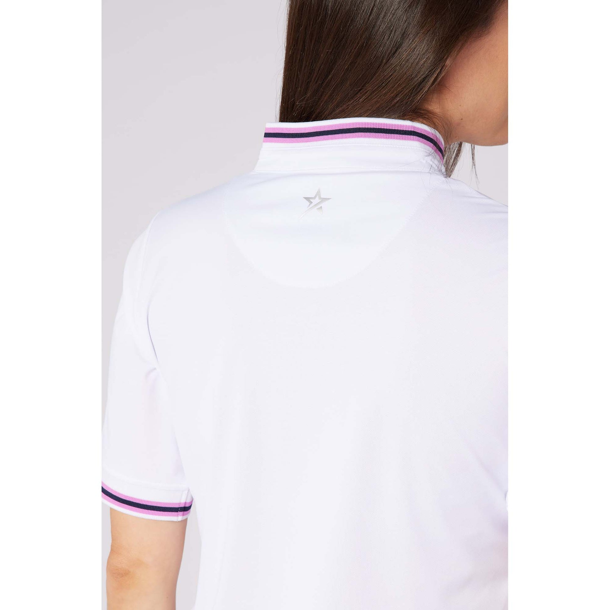 Swing Out Sister Ladies Short Sleeve Pique Polo with Unique Collar & Elegant Contrast Stripe