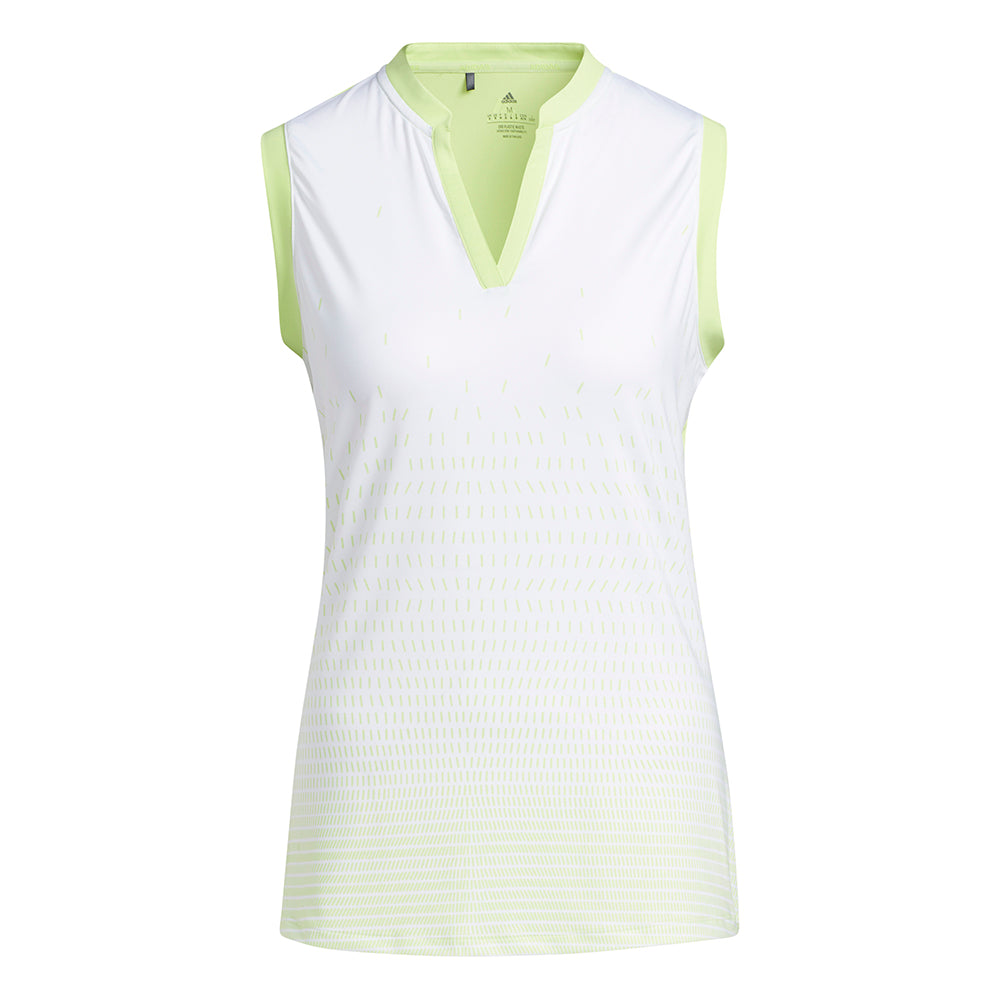 adidas Ladies Printed Front Sleeveless Golf Polo in Pulse Lime & White