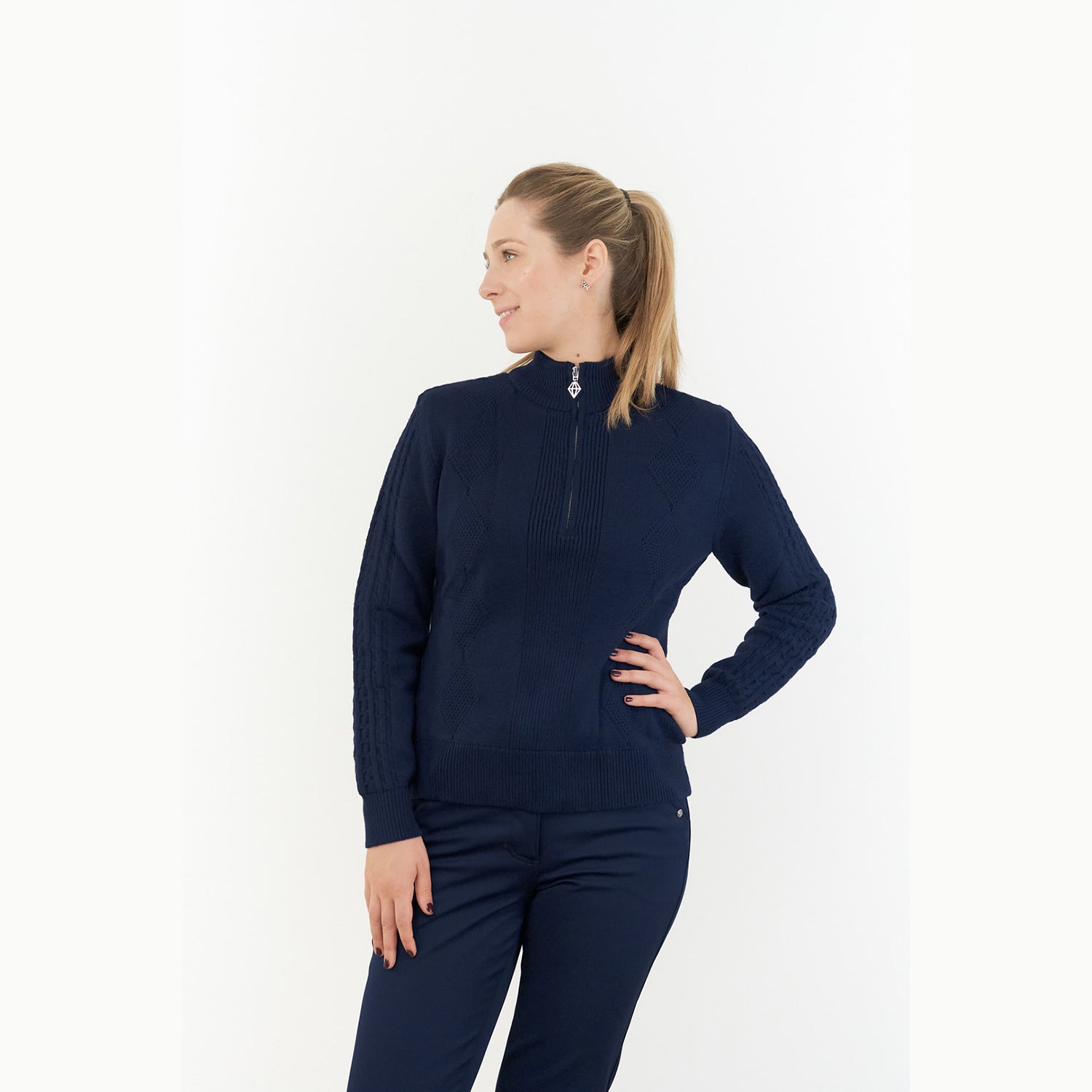 Pure Ladies Lined Zip-Neck Golf Sweater with Cable Knit Design in Navy