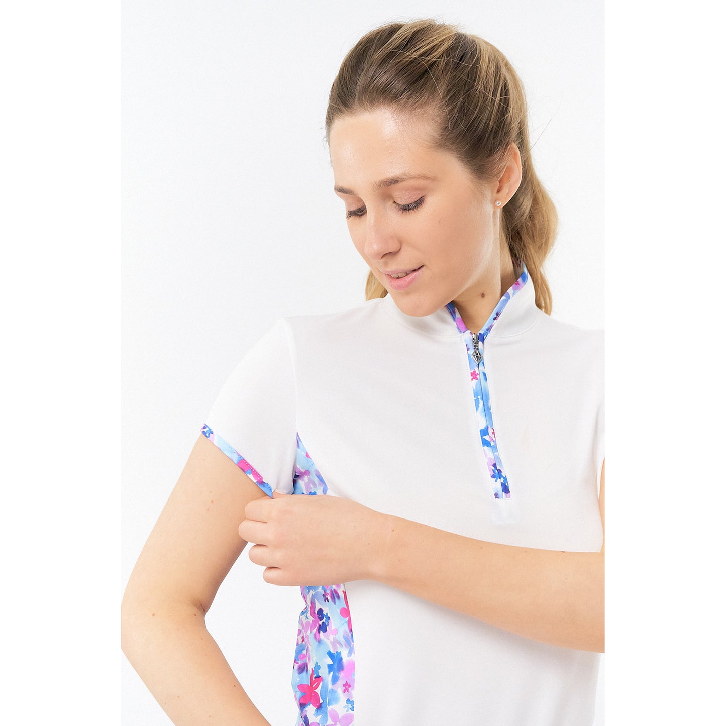 Pure Ladies Cap Sleeve Polo Shirt With Floral Print Side Panels