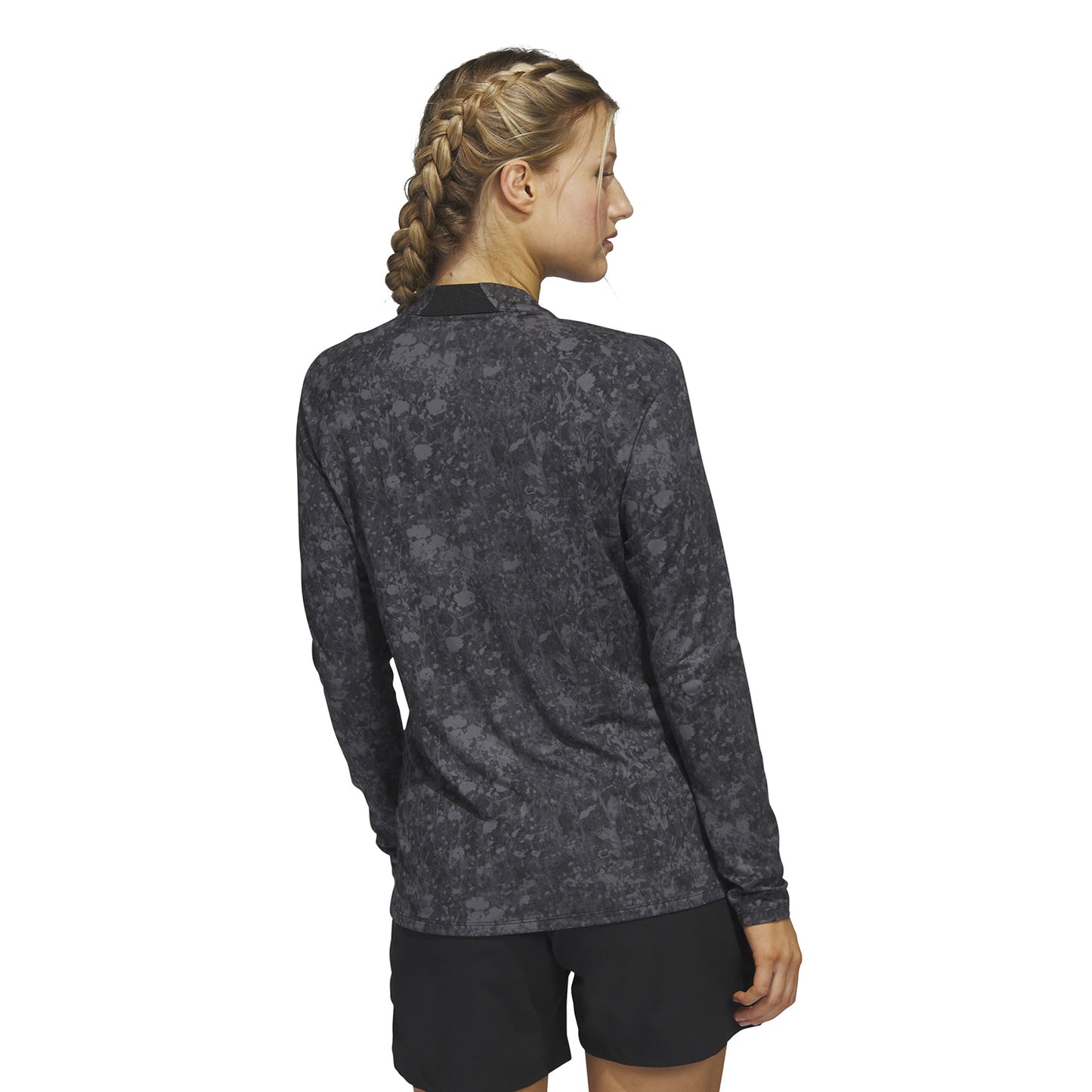 adidas Ladies Long Sleeve Zip-Neck Golf Top with Abstract Print in Black