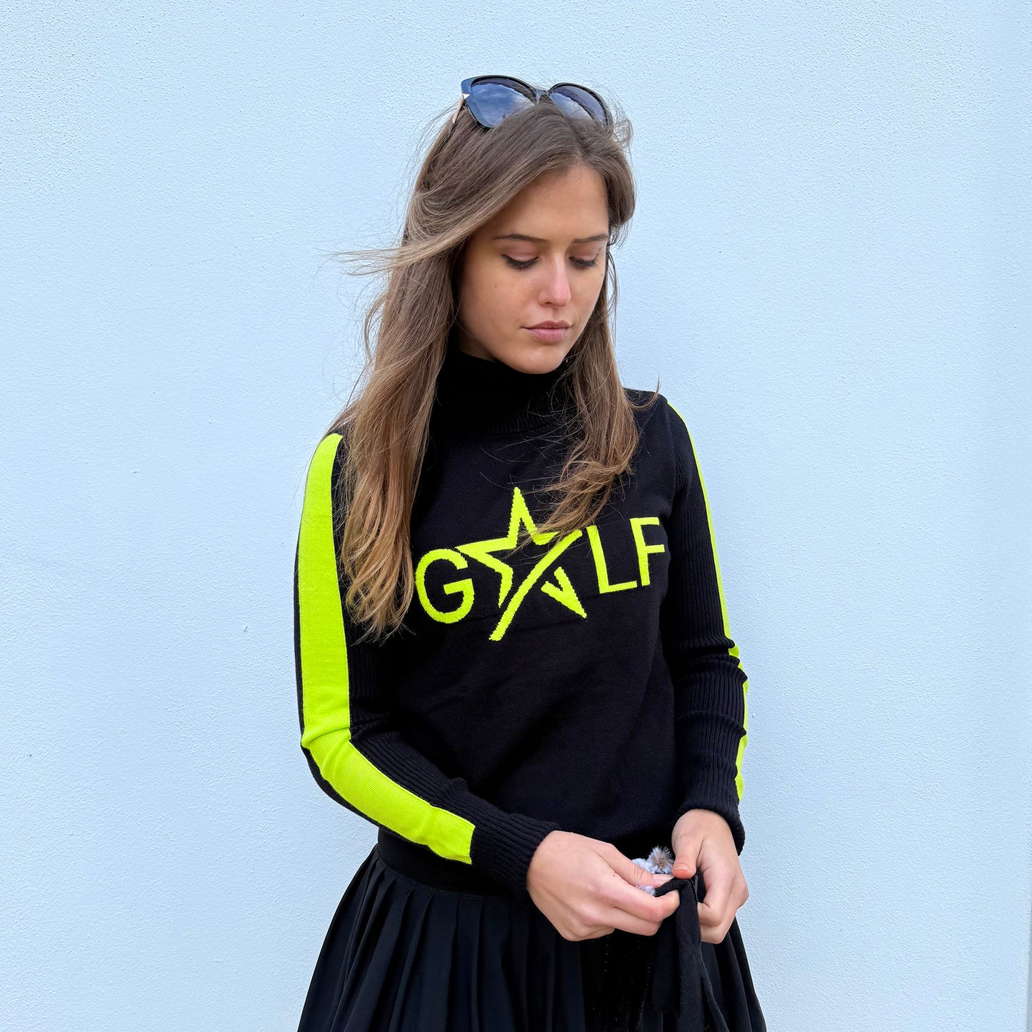 Swing Out Sister Womens 'Golf' Roll Neck with Ribbing in Black & Lime