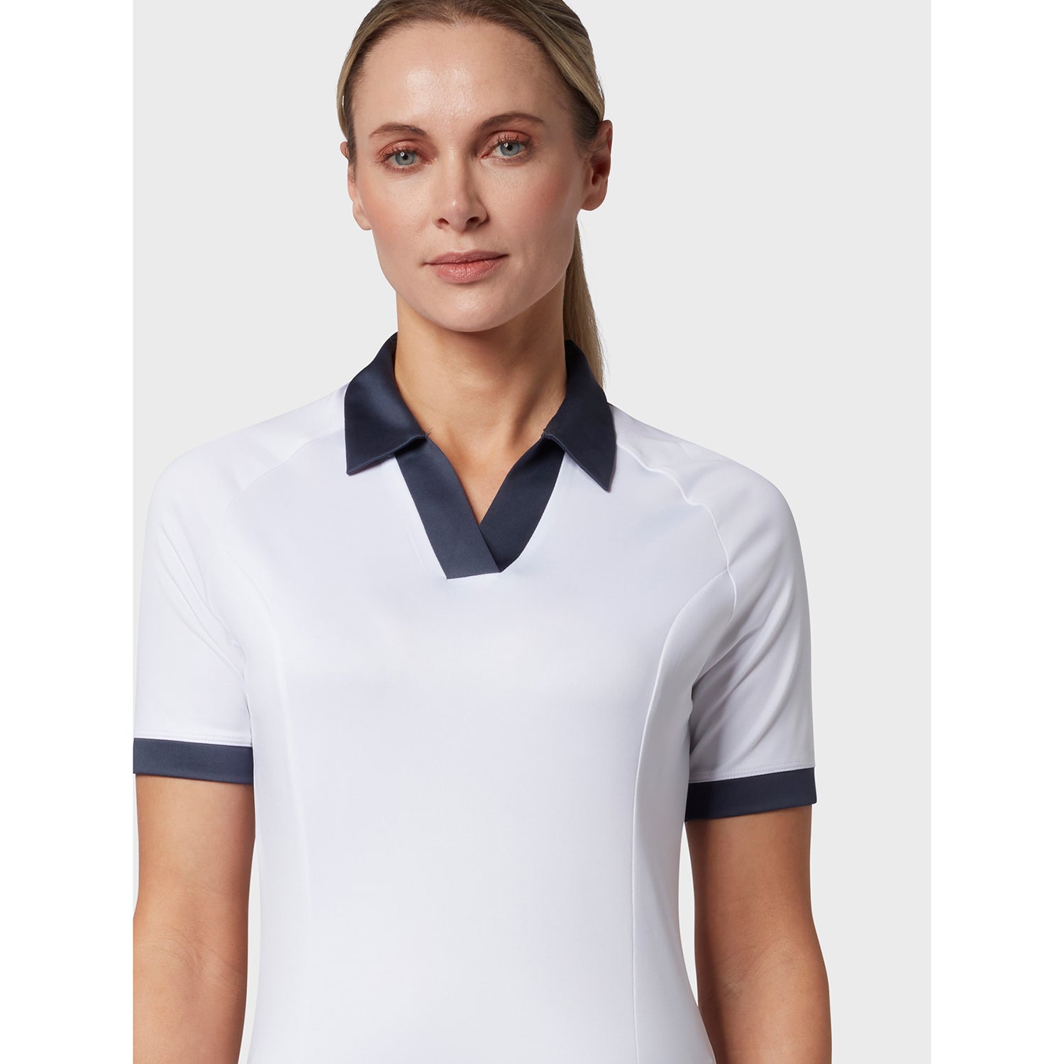 Callaway Ladies Short Sleeve Colour Block Polo Shirt in White & Navy