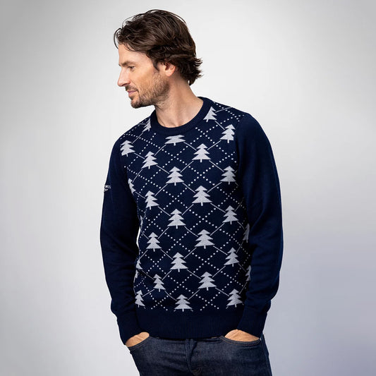 Glenmuir Mens Navy Festive Intarsia Christmas Tree Knit Sweater