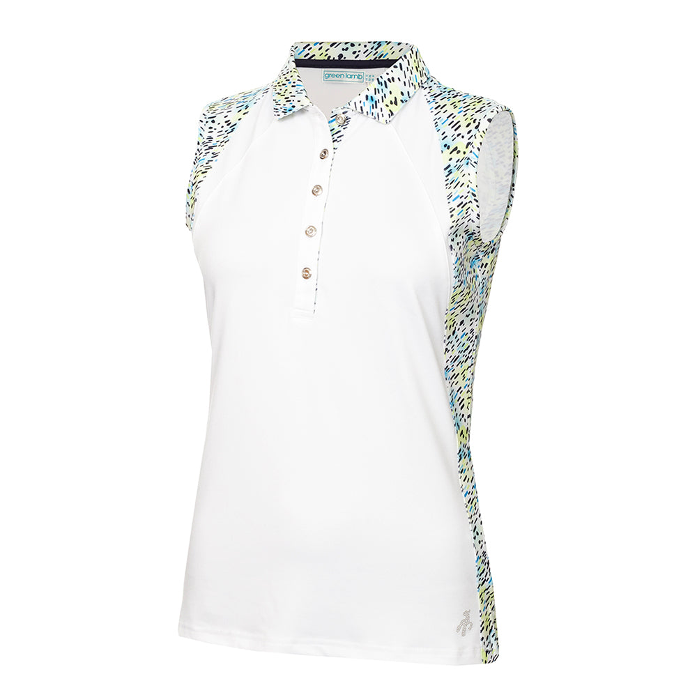 Green Lamb Ladies Sleeveless Polo with Curved Seams in White & Watermark Print