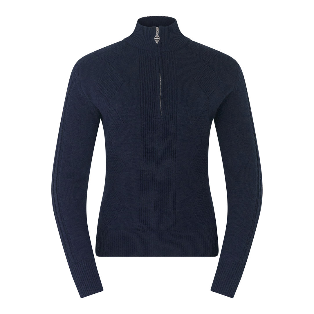 Pure Ladies Lined Zip-Neck Golf Sweater with Cable Knit Design in Navy