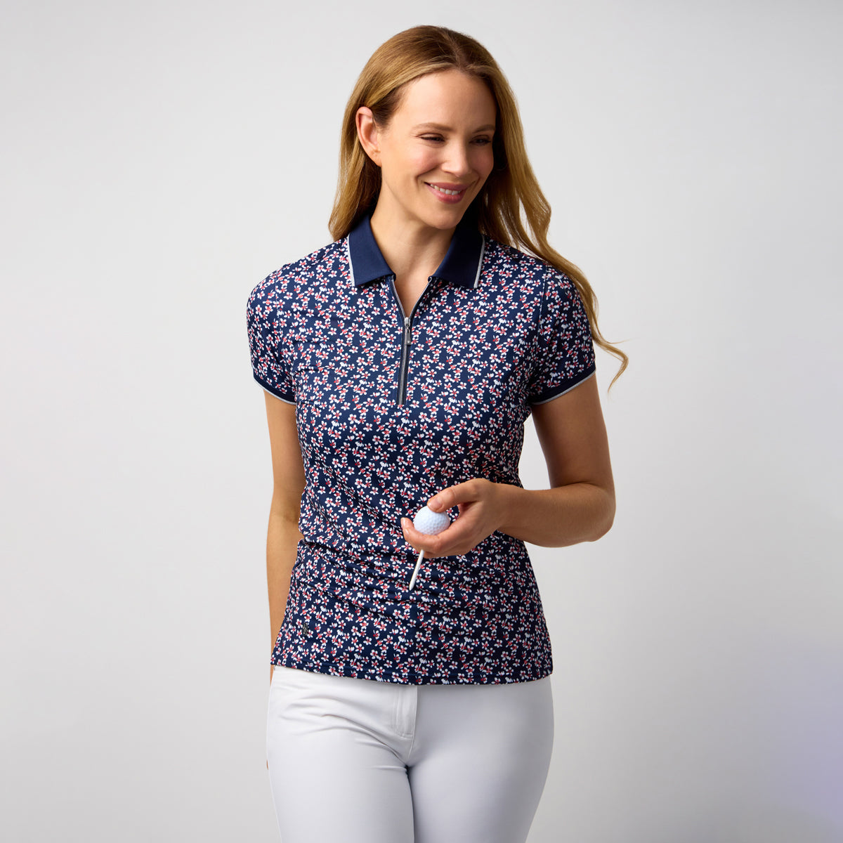 Glenmuir Ladies Navy Short Sleeve Polo with Delicate Floral Print