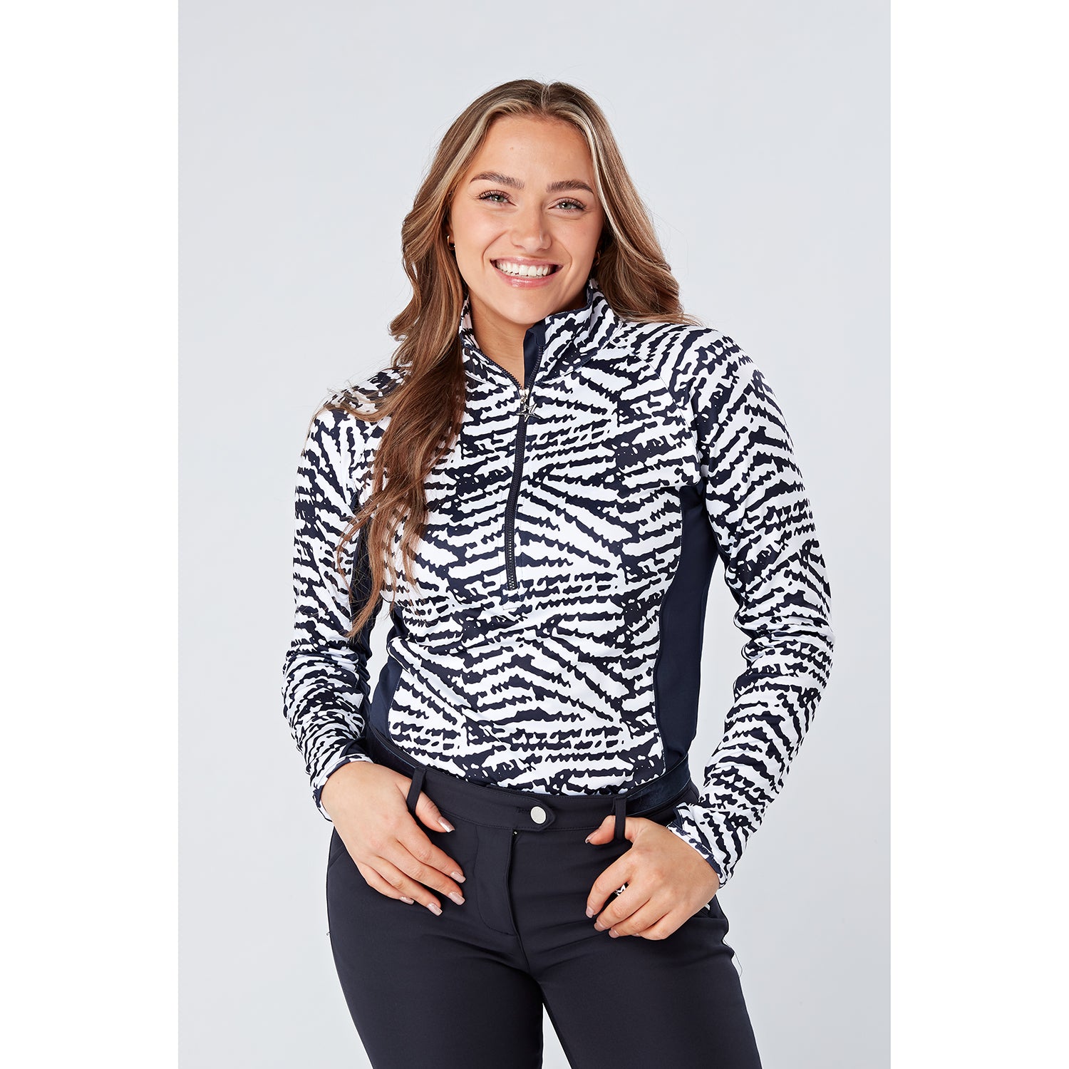 Swing Out Sister Ladies 1/4 Zip Top with Abstract Zebra Pattern