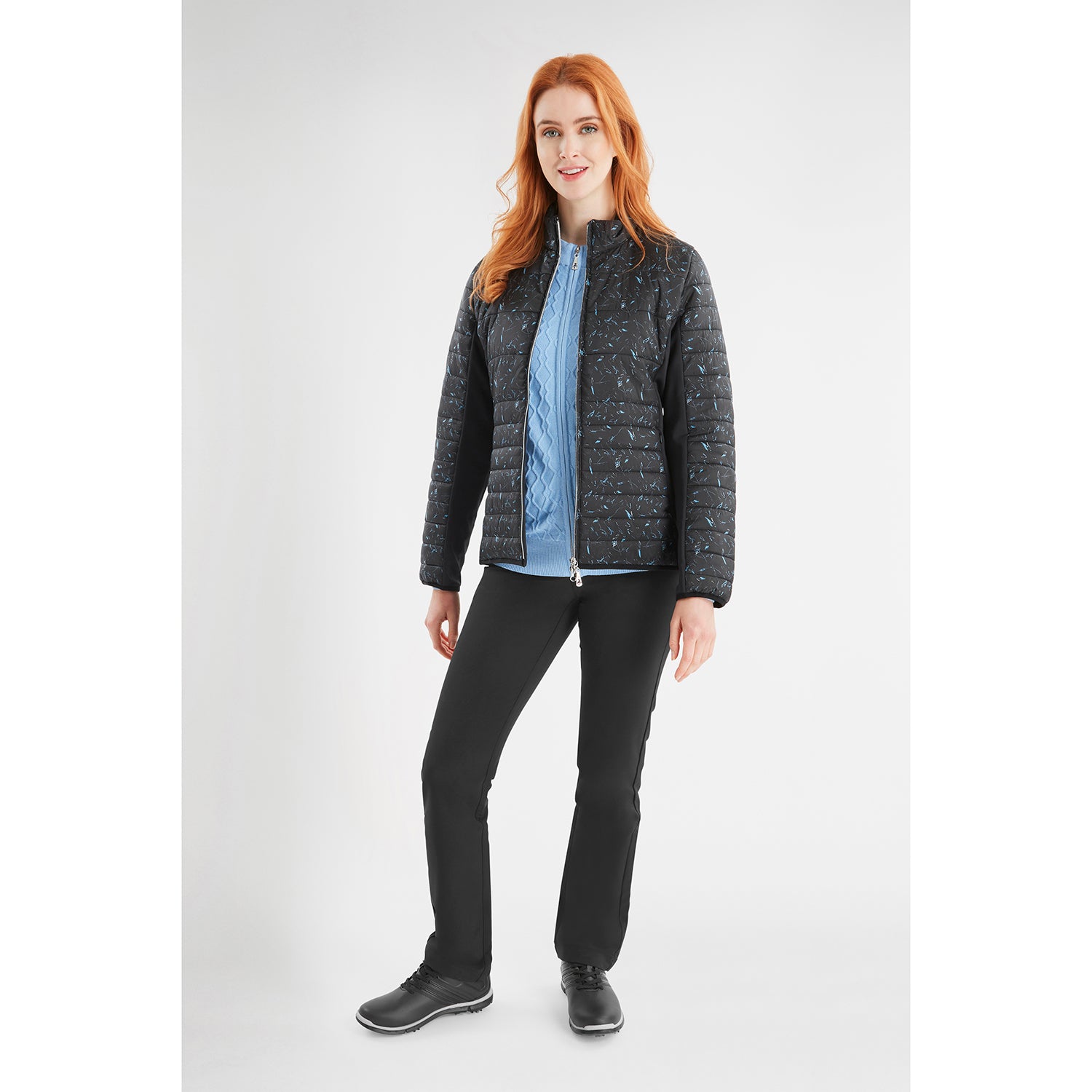 Green Lamb Ladies Quilted Jacket with Stretch Panels in Black Leaf Print