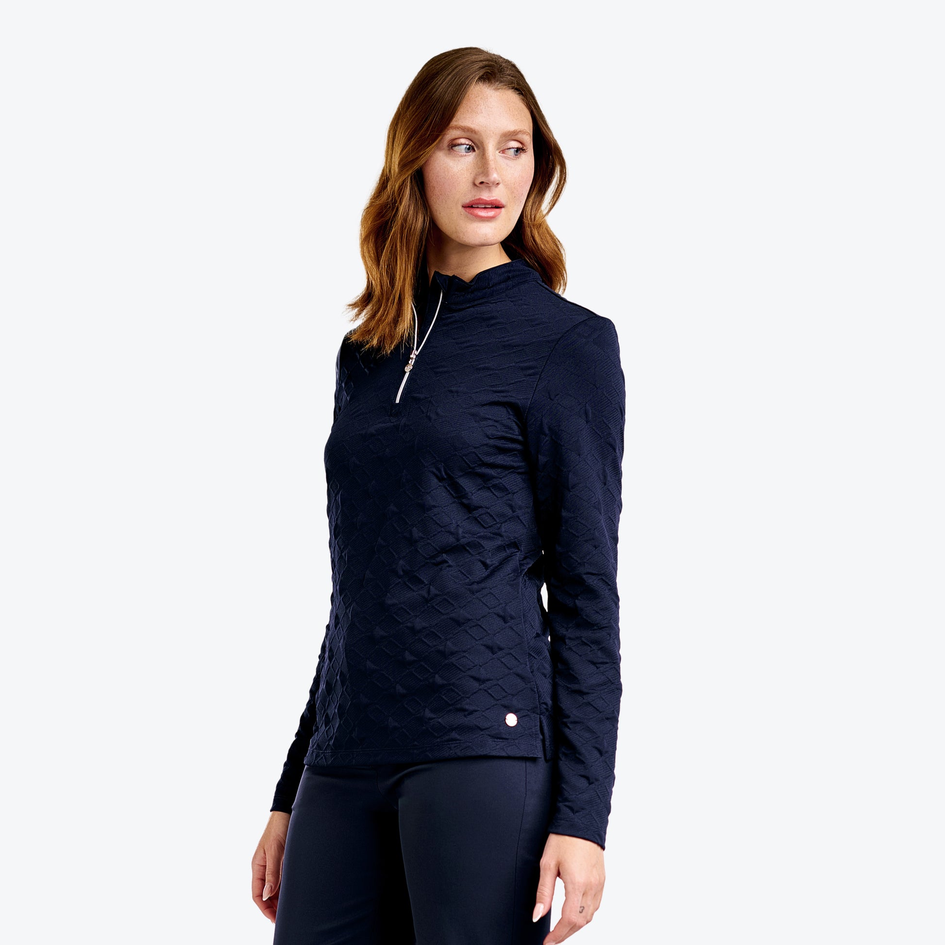 Nivo Ladies Mock Neck Long Sleeve Top with Textured Diamond Print in Navy