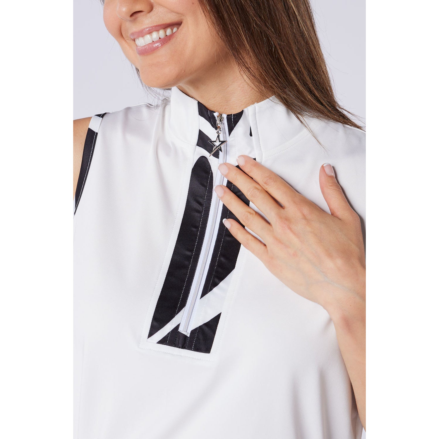 Swing Out Sister Ladies Zip-Neck Sleeveless Polo with Contrast Trim