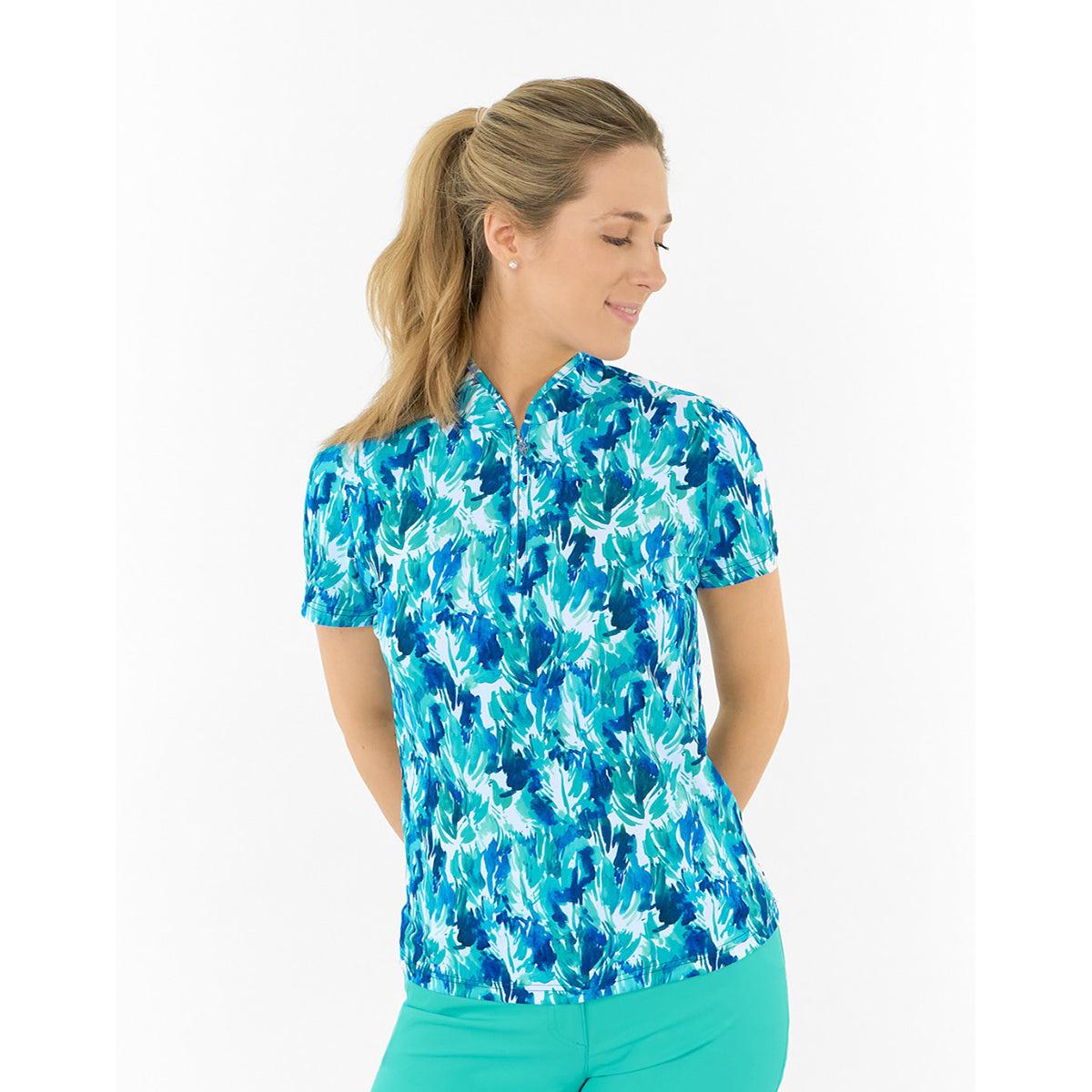Pure Ladies Short Sleeve Polo in Abstract Botanical Print 