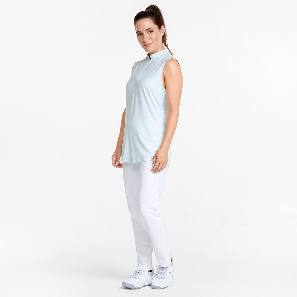 Puma Ladies Cloudspun Animal Print Sleeveless Polo in Soothing Sea & Bright White