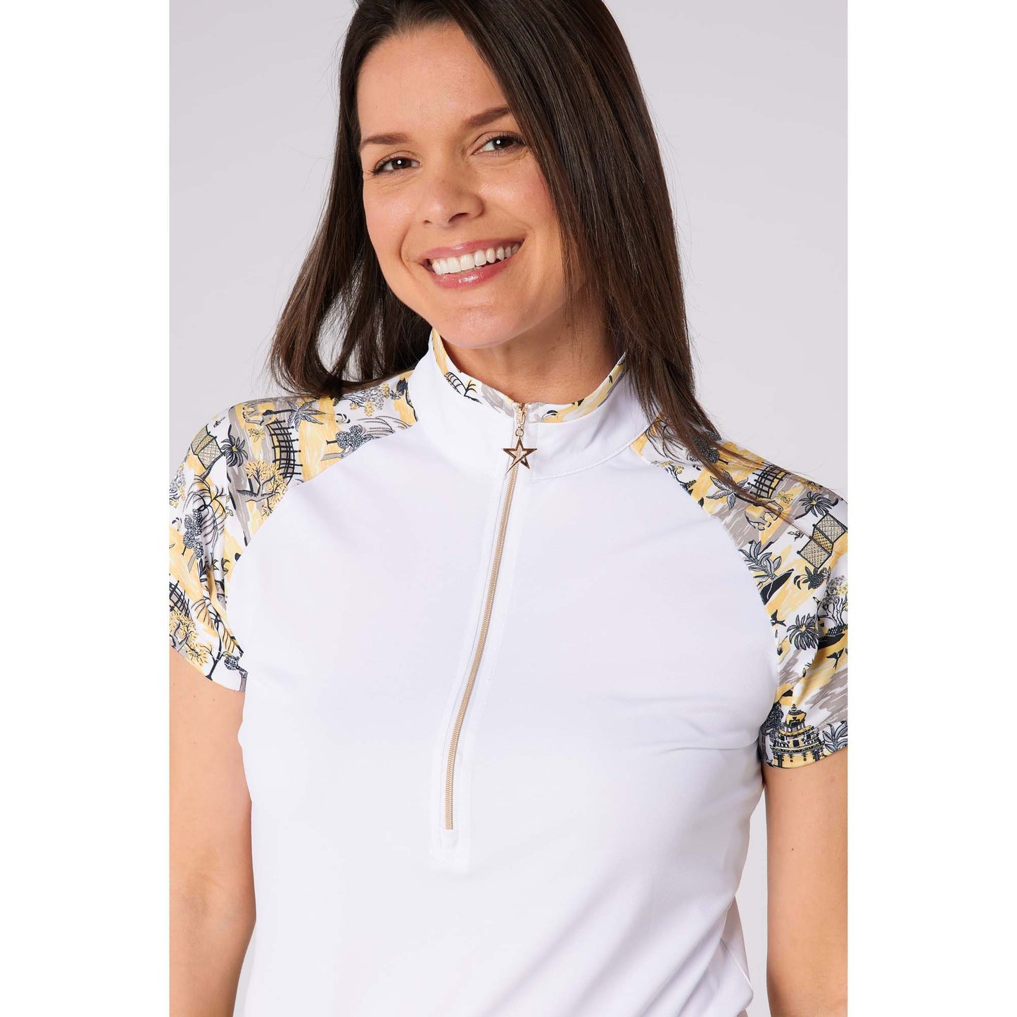 Swing Out Sister Ladies Short Sleeve Pique Polo with Contrast Sleeves for a Subtle Pop Of Print