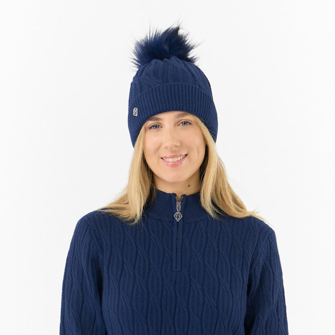 Pure Golf Ladies Lined Waterproof Bobble Hat with Cable Knit Design in Navy