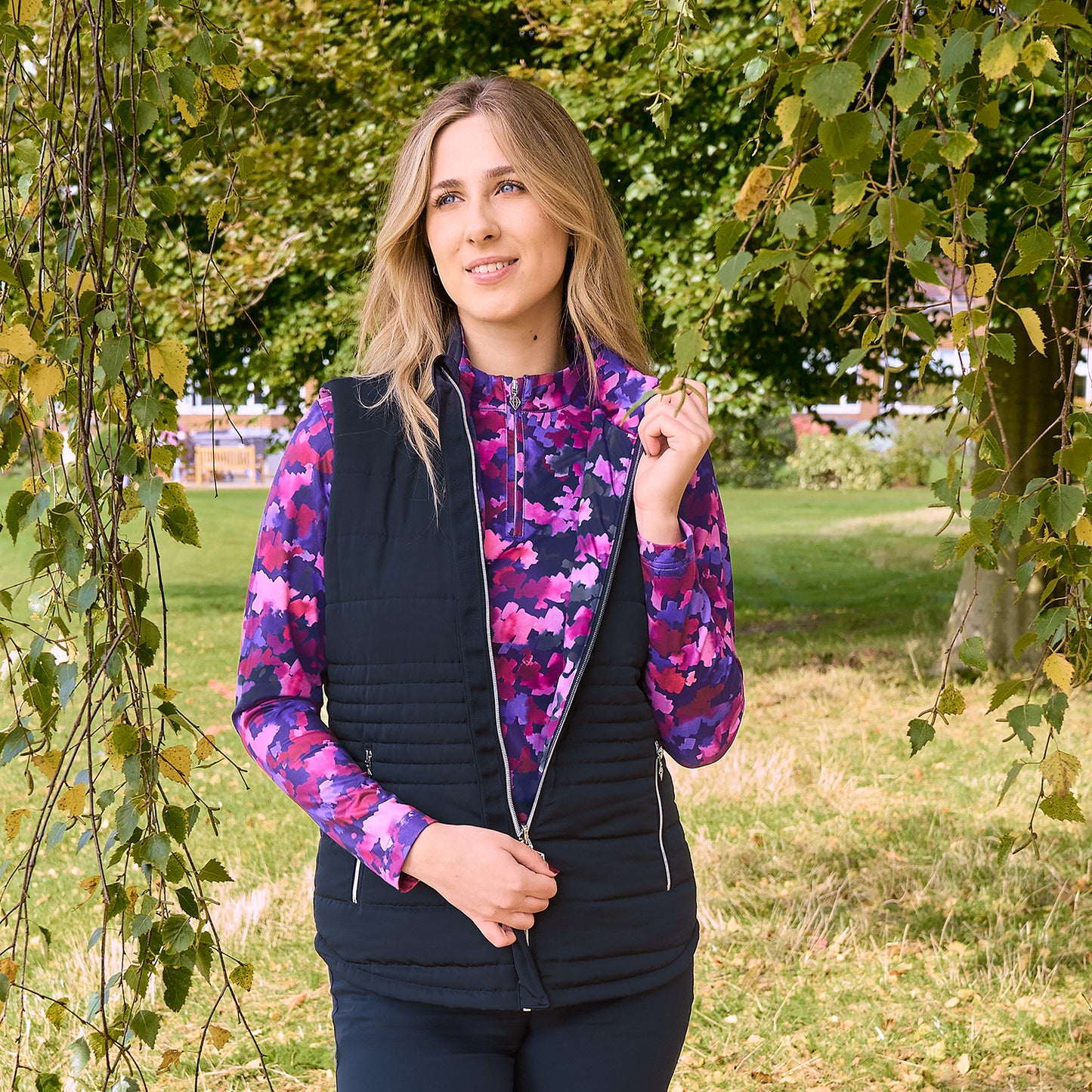 Pure Golf Ladies Reversible Gilet in Navy & Abstract Watercolour Print