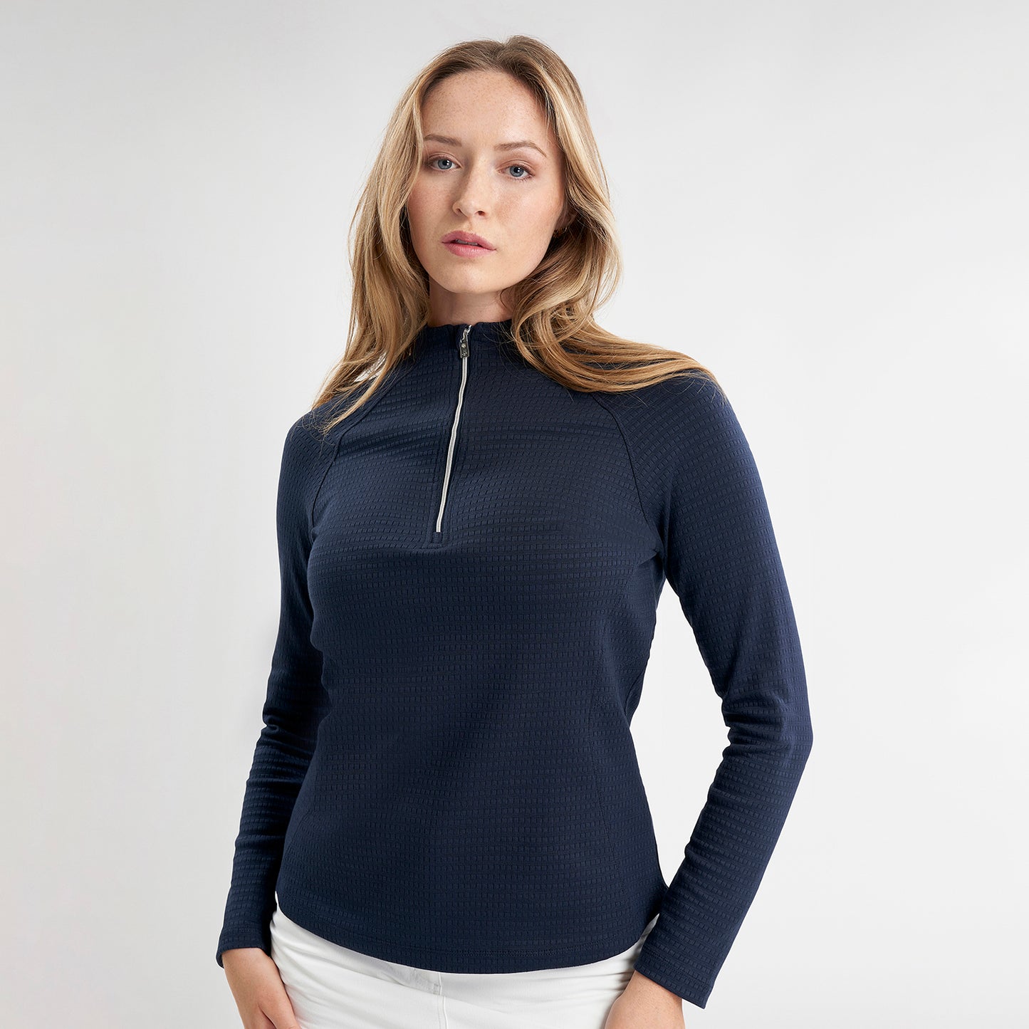 Green Lamb Ladies Zip Neck Top with Textured Finish in Navy