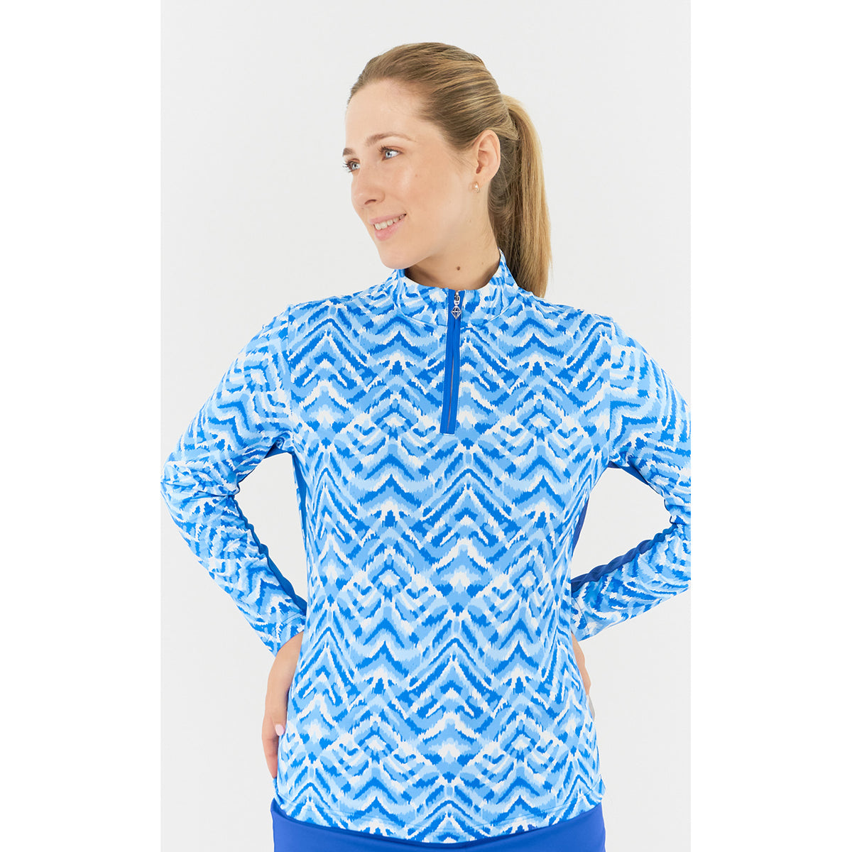 Pure Ladies Long Sleeve Golf Top in Aztec Style Print with Mesh Panels