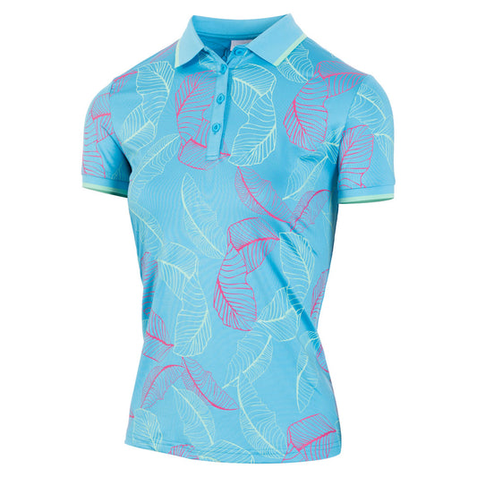Island Green Ladies Short Sleeve Polo in True Blue with Leaf Print