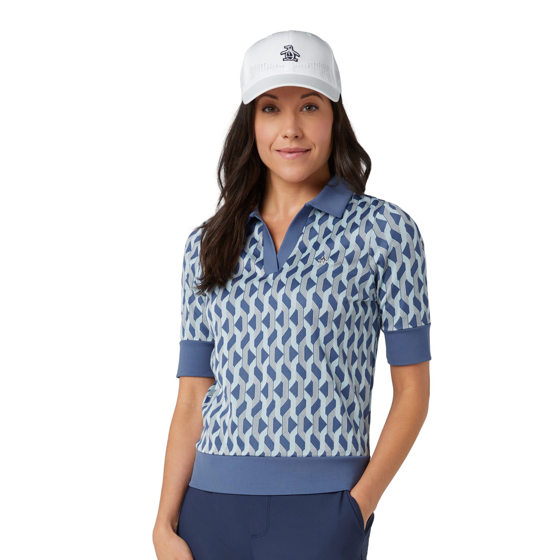 Original Penguin Womens V-Neck Jacquard Polo with Geo Print