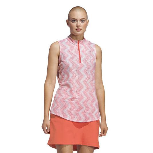 adidas Ladies Ultimate365 Sleeveless Golf Polo with Abstract Zig-Zag Print in Preloved Scarlet