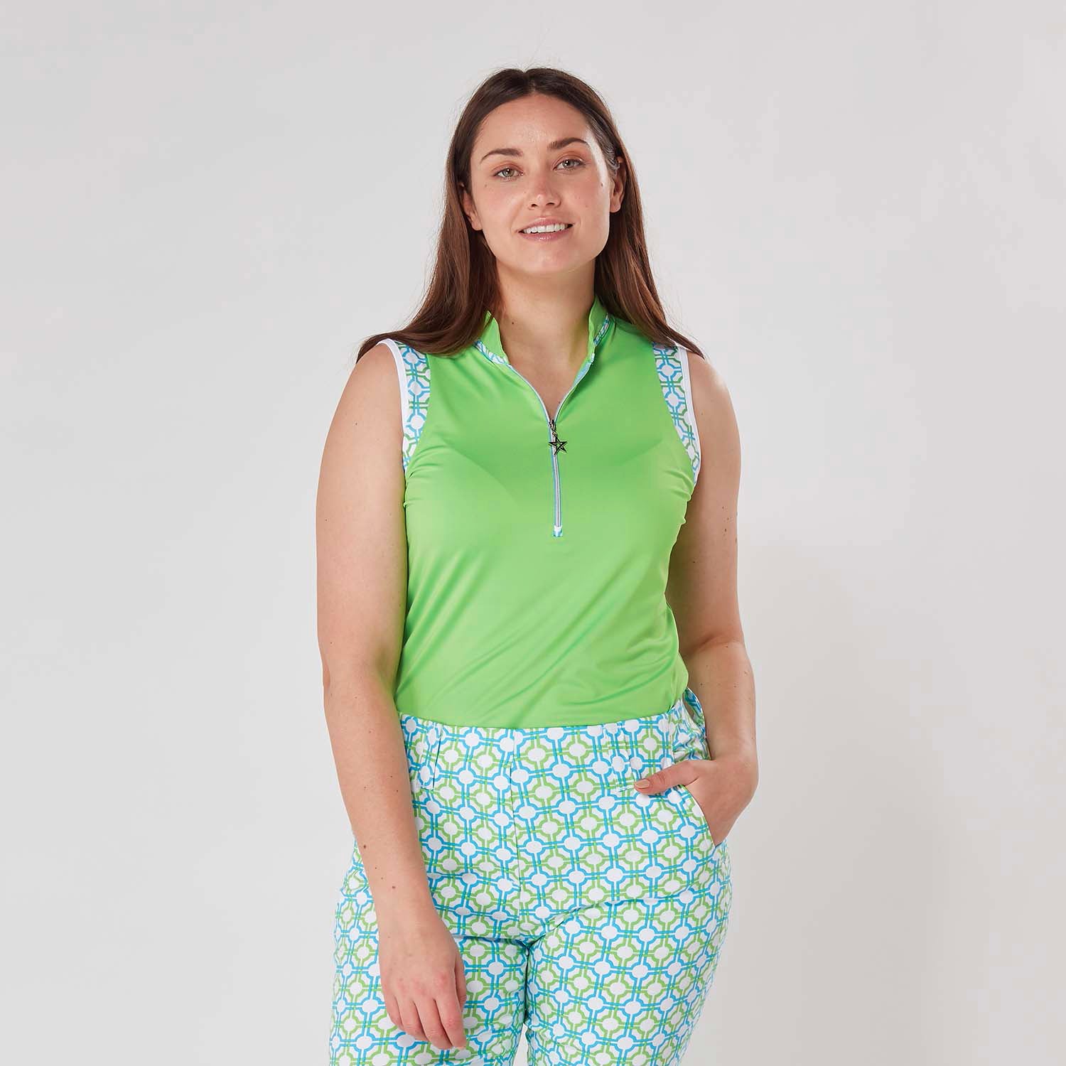 Swing Out Sister Ladies Sleeveless Polo in Dazzling Blue and Emerald with Zip-Neck