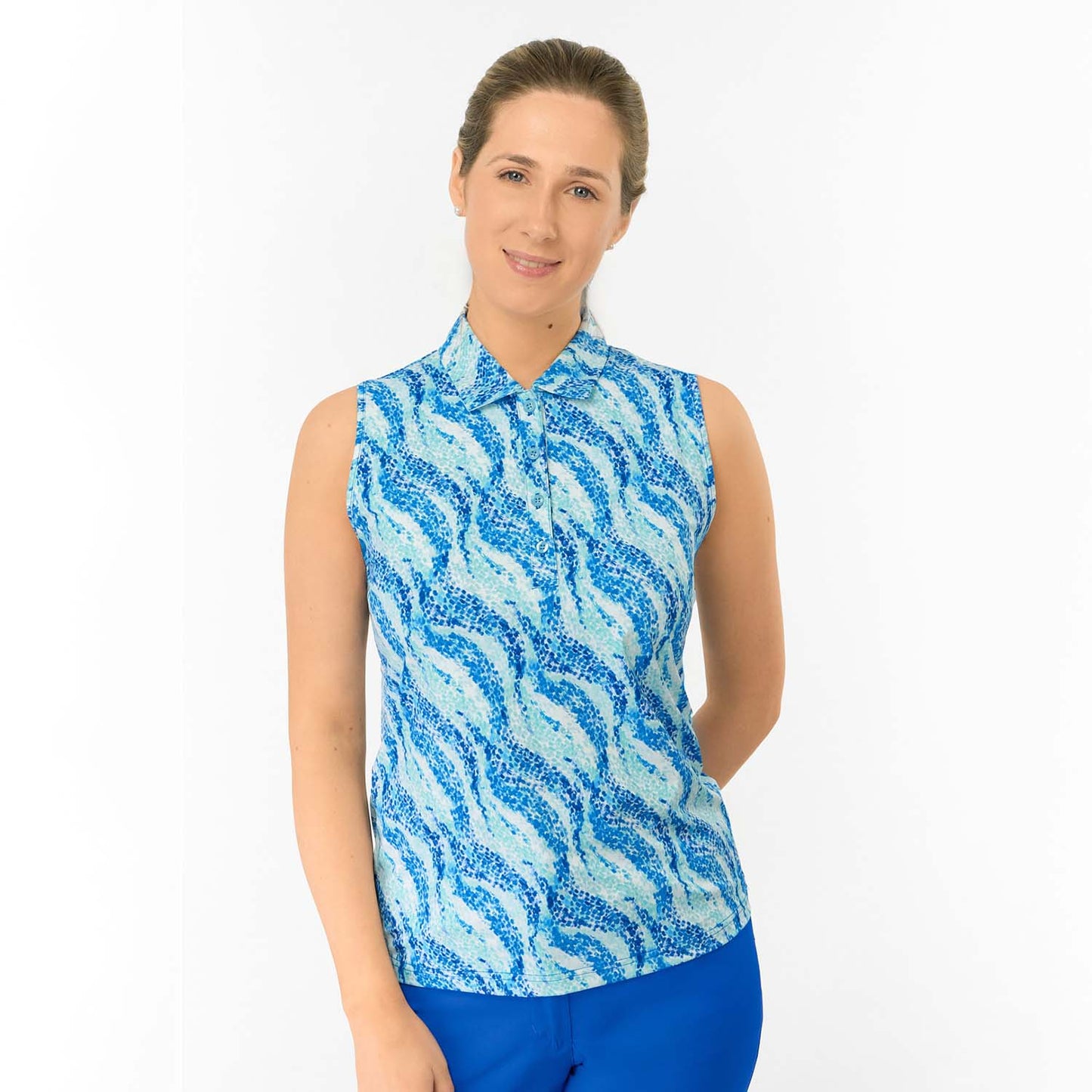 Pure Ladies Sleeveless Buttoned Polo in Flowing Wave Print for Playful Style & All-Day Comfort 