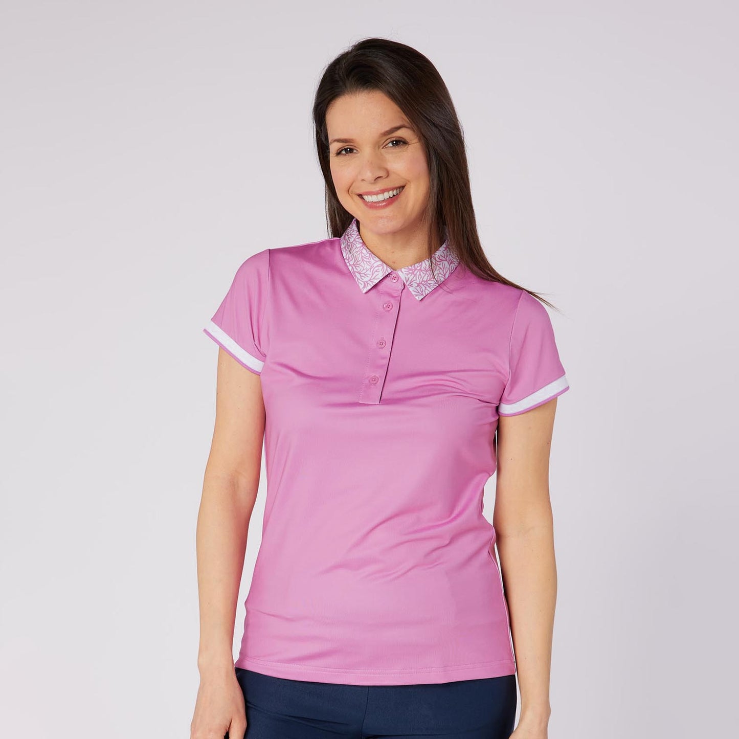 Swing Out Sister Ladies Cap Sleeve Polo with Seasonal Print Collar for A Subtle Pop of Style
