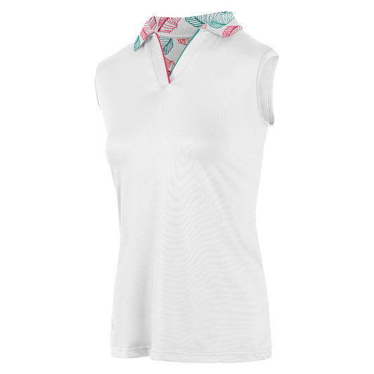 Island Green Ladies Printed Sleeveless Polo in White with Leaf Print