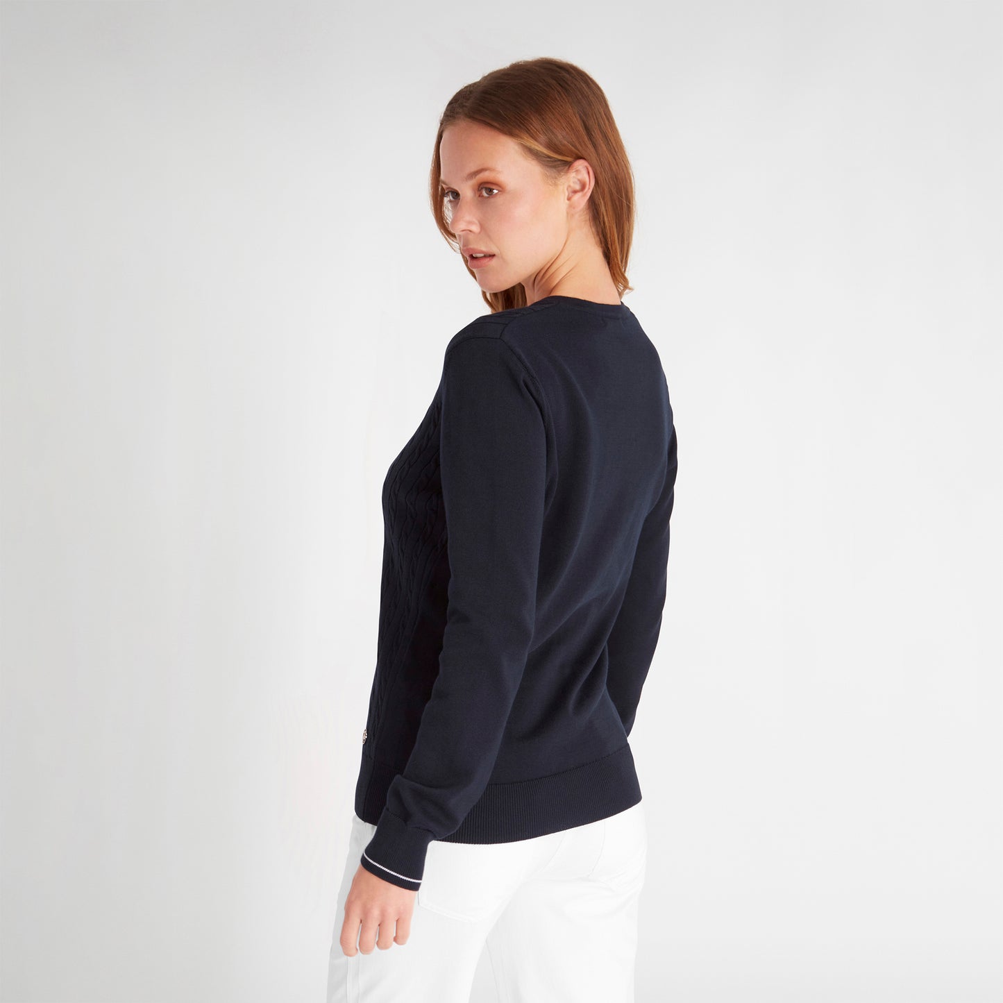 Green Lamb Ladies Navy Cable Knit V-Neck Sweater