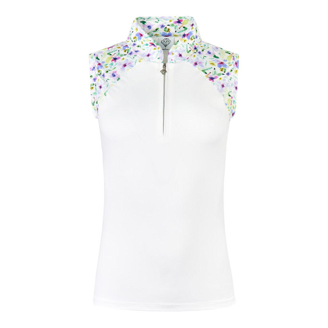 Pure Golf Sleeveless Polo with Ethereal Bouquet Print Panels & Zip Neck