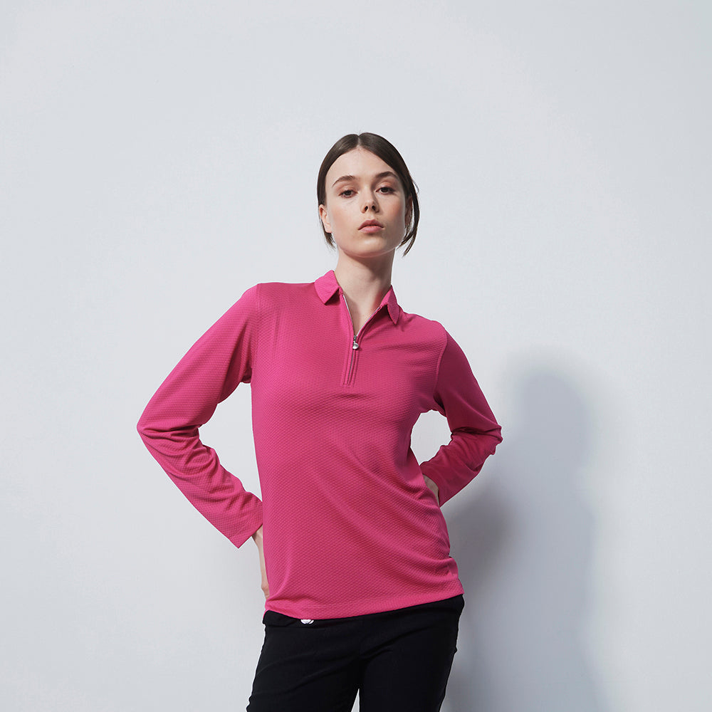 Daily Sports Honeycomb Structured Long Sleeve Polo Shirt In Tulip Pink