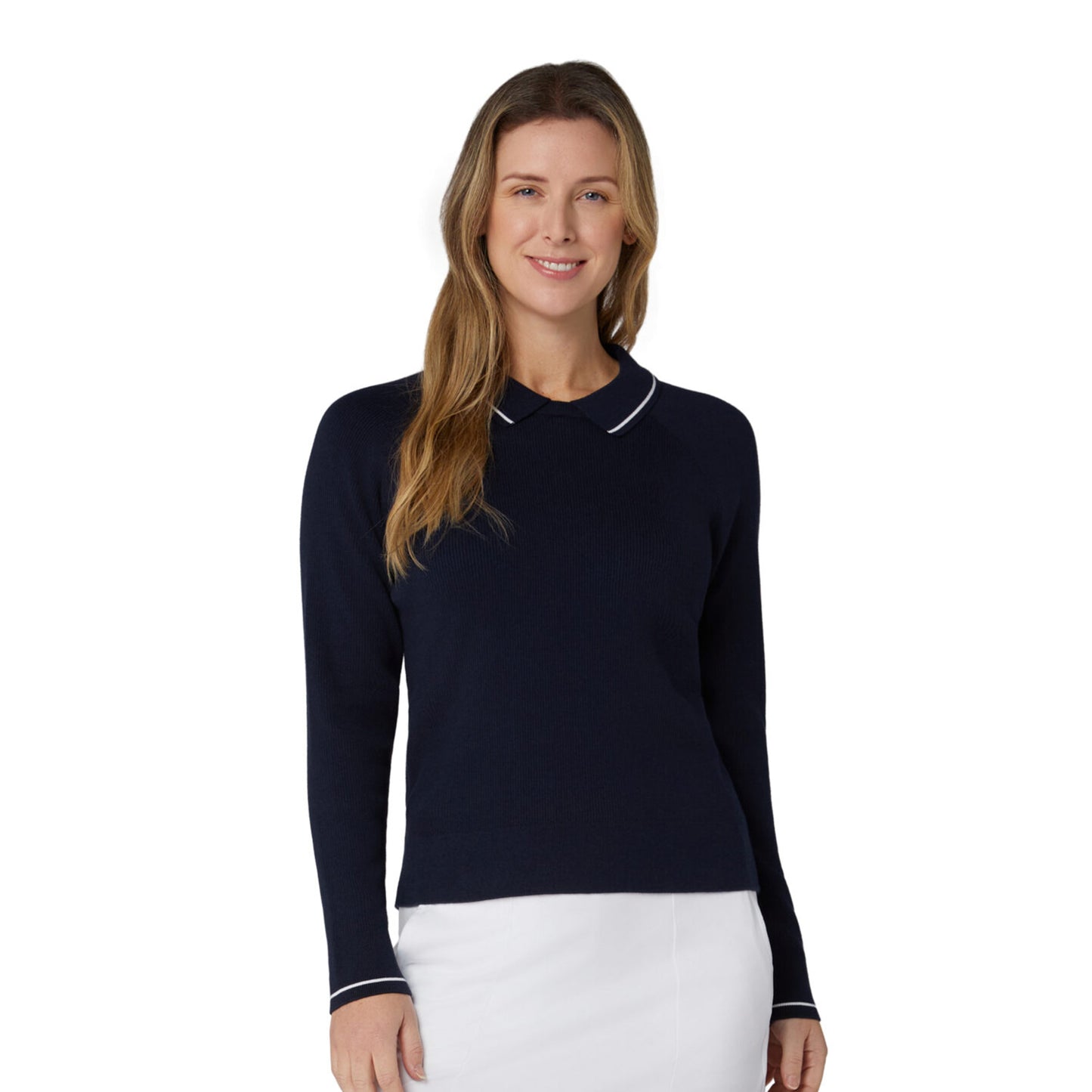 Callaway Ladies Smart Ribbed Sweater in Navy with Attached Collar For A Standout Look