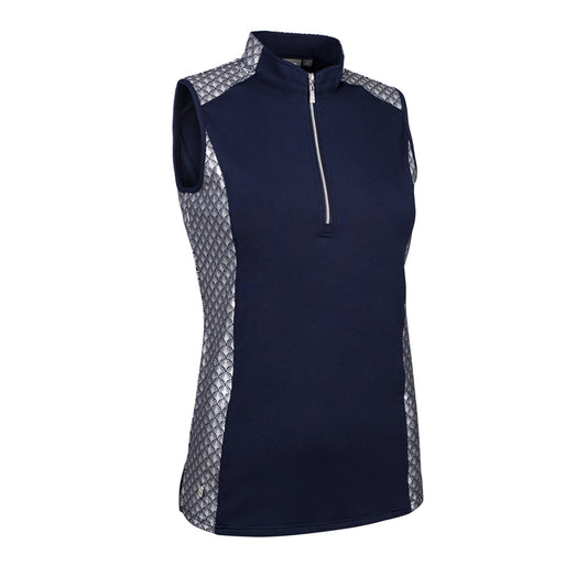 Glenmuir Ladies Sleeveless Polo with Contrast Fan Print Panels in Navy Blue & Silver Foil