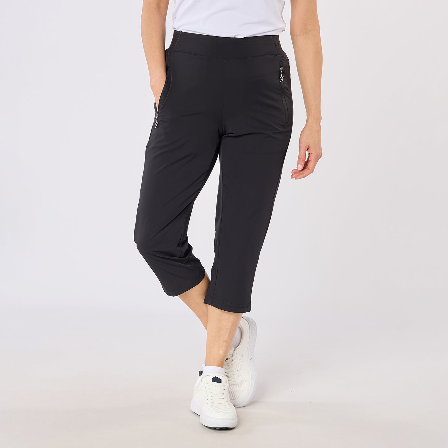 Swing Out Sister Ladies Black Pull-On Capris - Stretch Woven Comfort for Effortless Movement