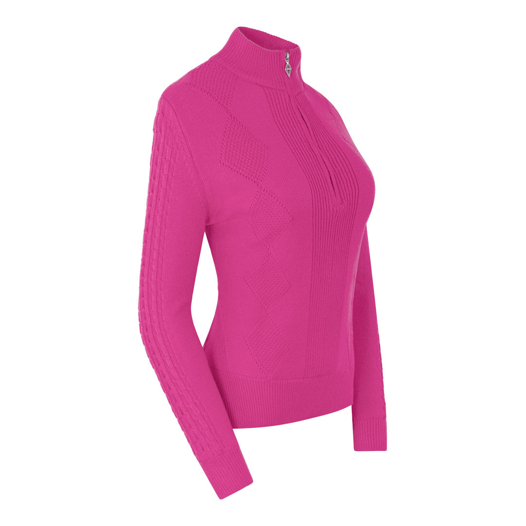 Pure Ladies Cable Knit Lined Quarter Zip Sweater in Pink Topaz