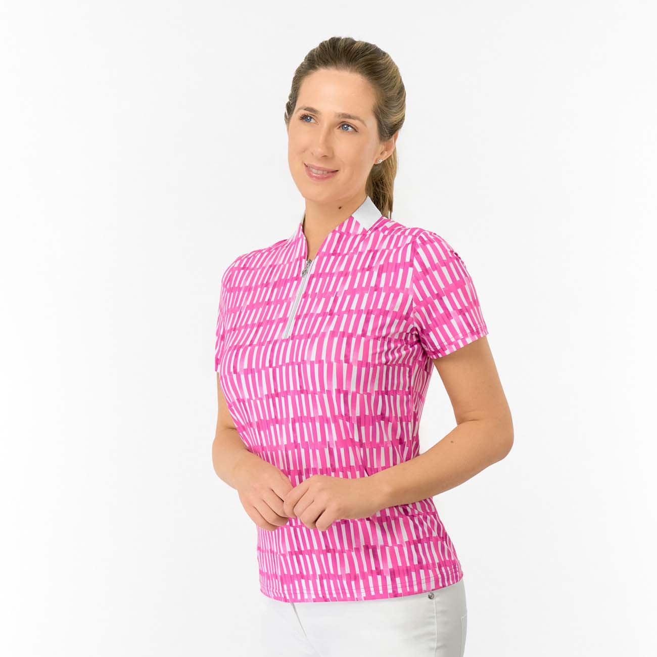 Pure Golf Ladies Short Sleeve Polo with Geometric Lattice Print for Modern Feminine Style