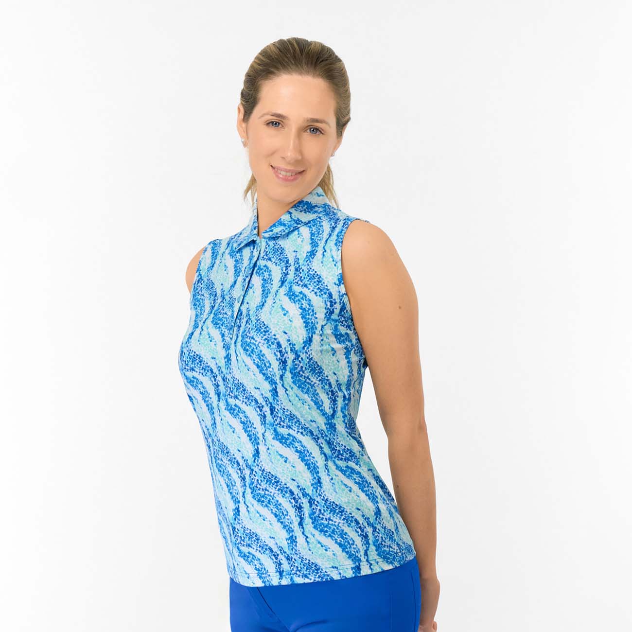 Pure Ladies Sleeveless Buttoned Polo in Flowing Wave Print for Playful Style & All-Day Comfort 