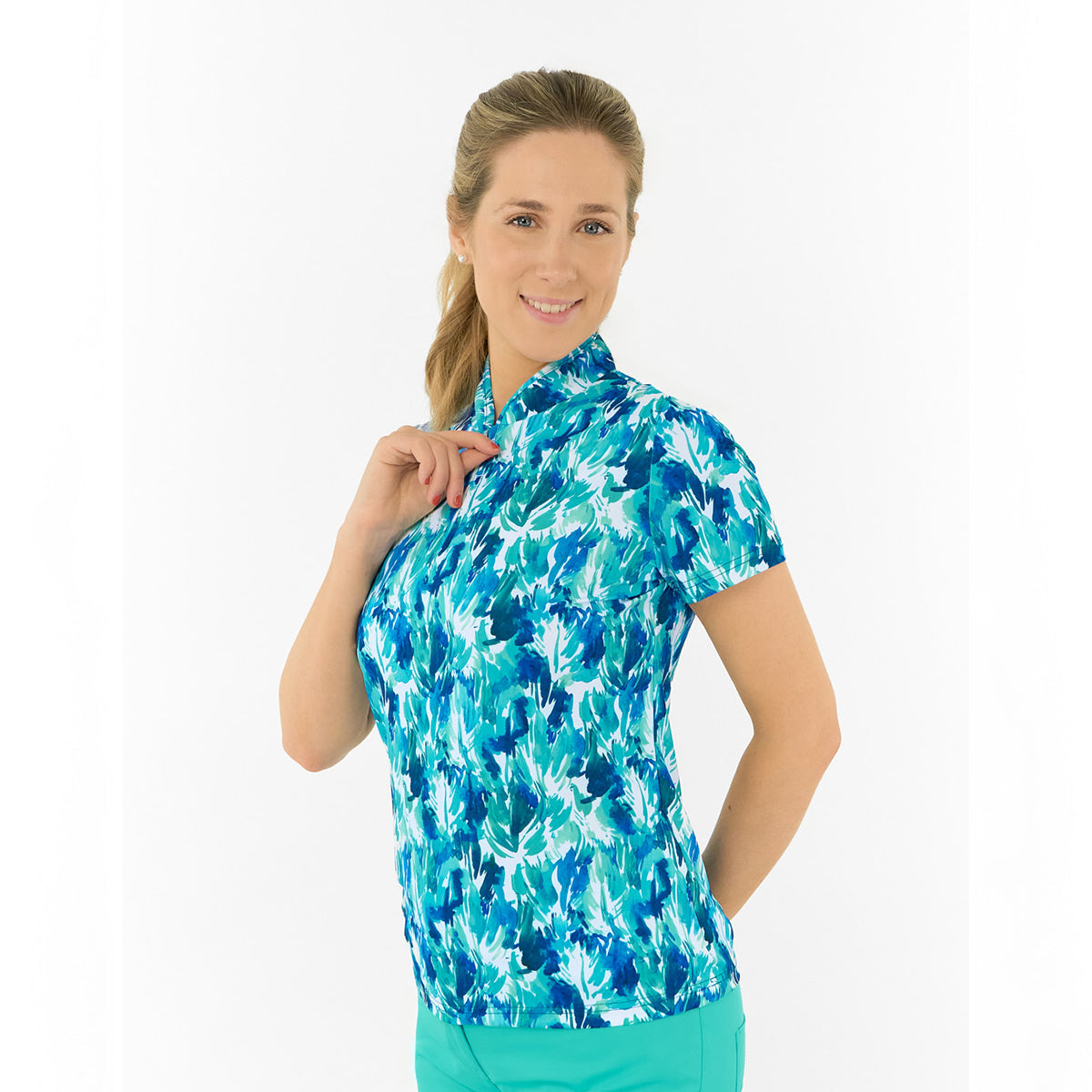 Pure Ladies Short Sleeve Polo in Abstract Botanical Print 