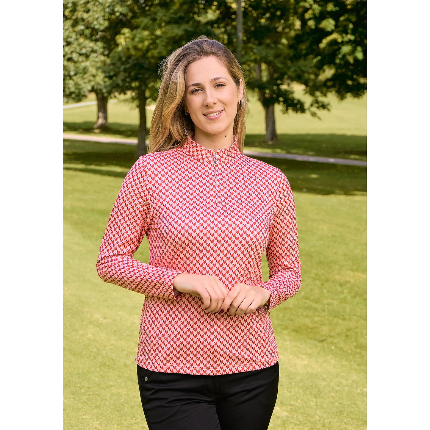 Pure Golf Ladies Long Sleeve Mid-Layer Top in Geometric Print