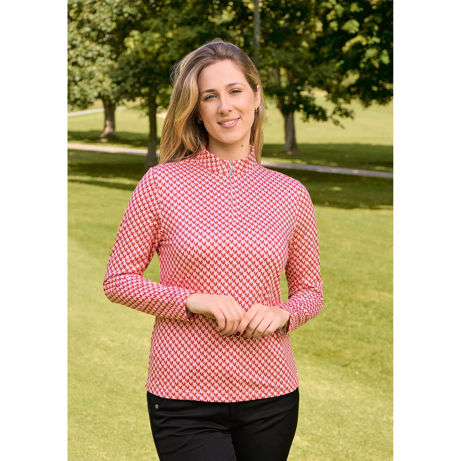 Pure Golf Ladies Long Sleeve Mid-Layer Top in Geometric Print