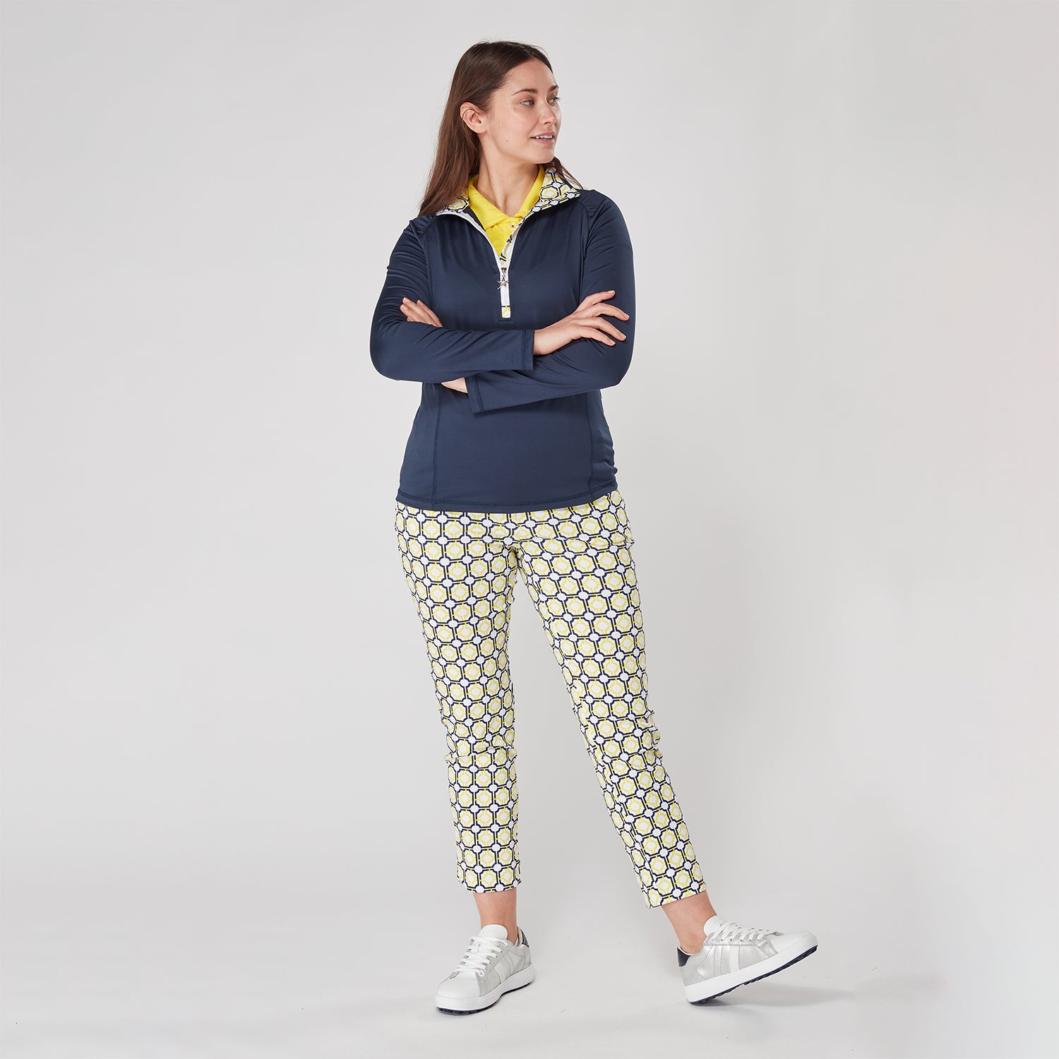 Swing Out Sister Ladies Sunshine and Navy Mosaic Pattern 7/8 Trousers	