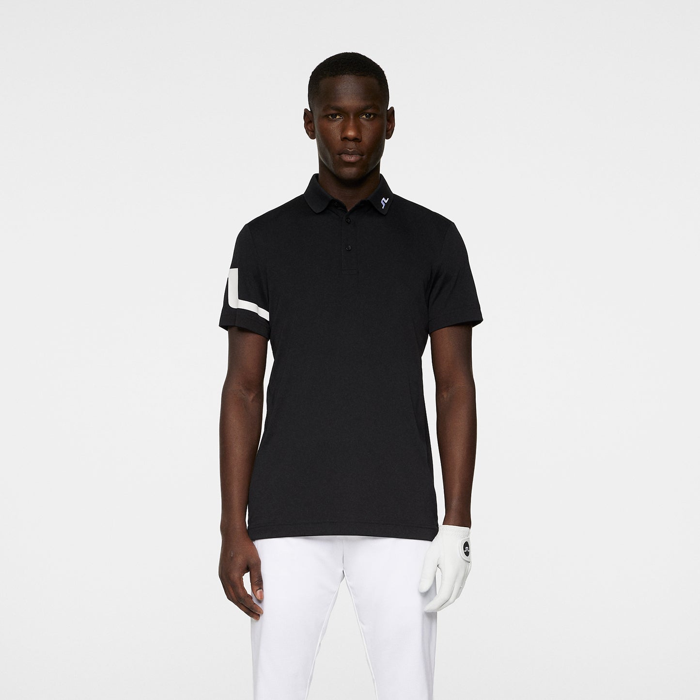 J.Lindeberg Mens Short Sleeve Polo with Bridge Print Sleeve in Black