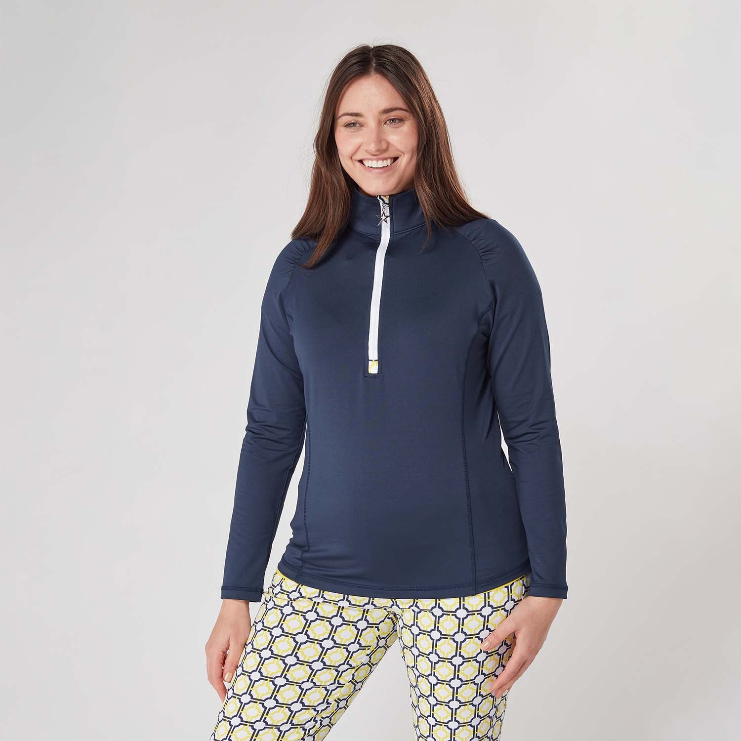 Swing Out Sister Women's Zip-Neck Top in Navy and Sunshine