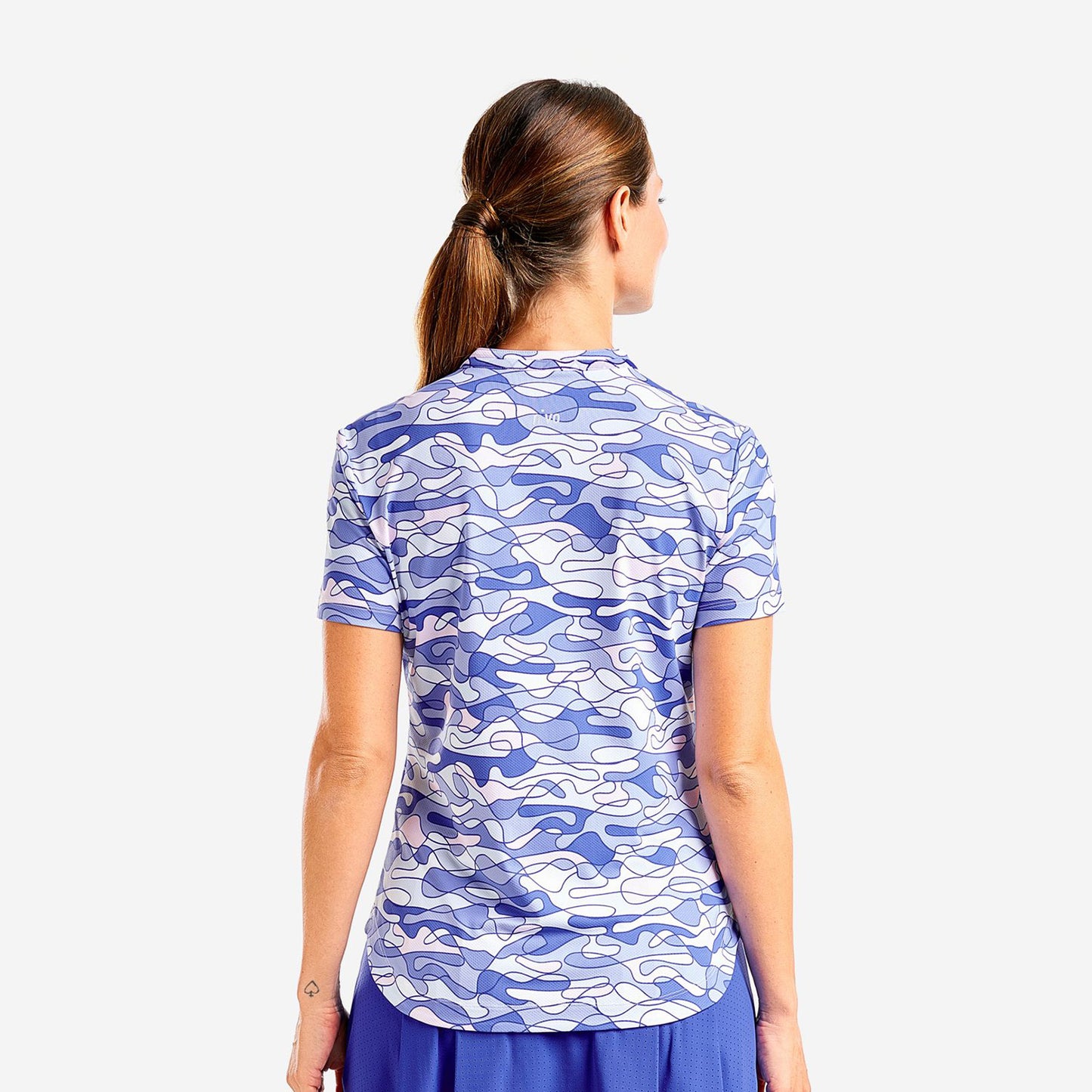 Nivo Ladies Short Sleeve Mock Collar Polo in Abstract Wave Print