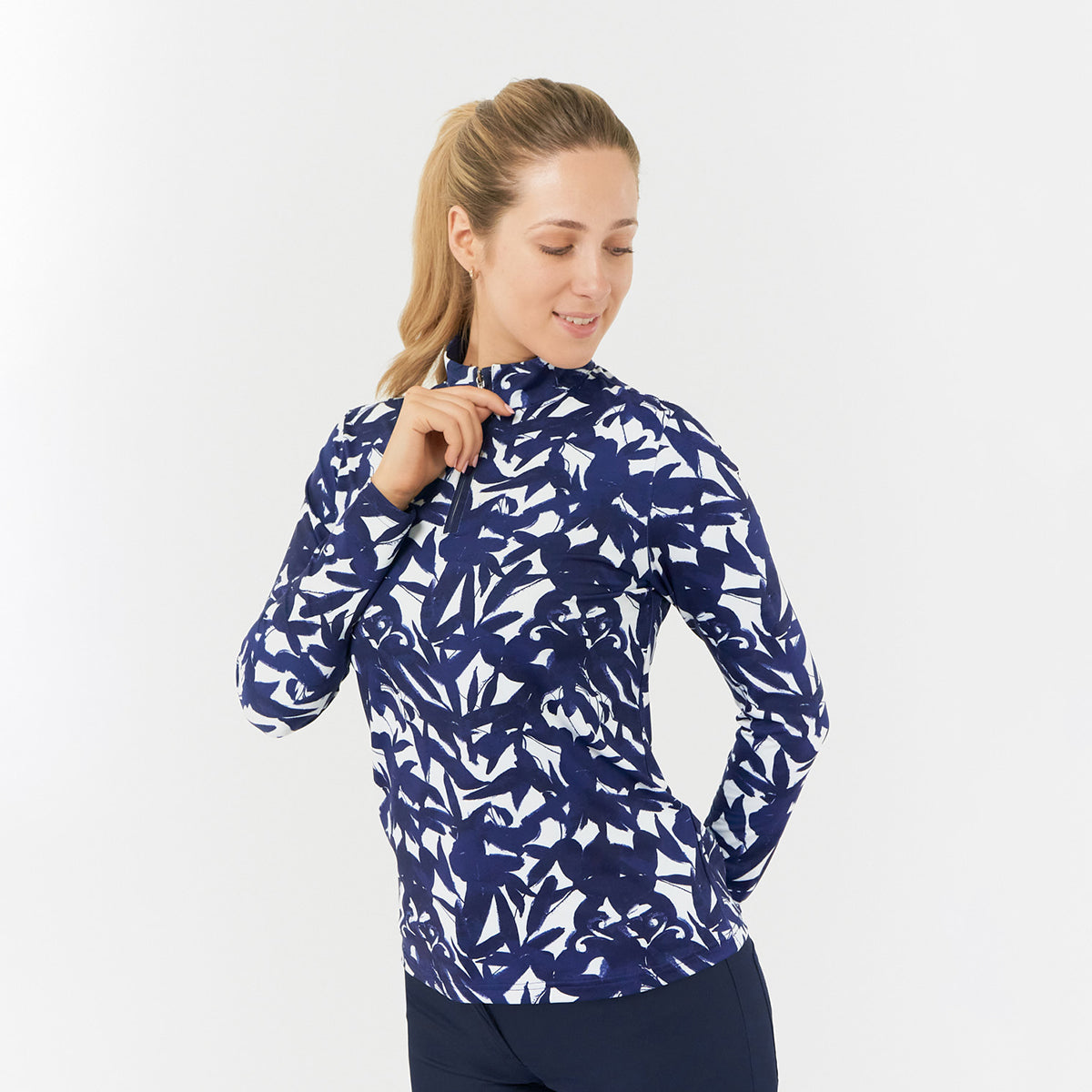 Pure Ladies Long Sleeve Top in Navy Botanical Print